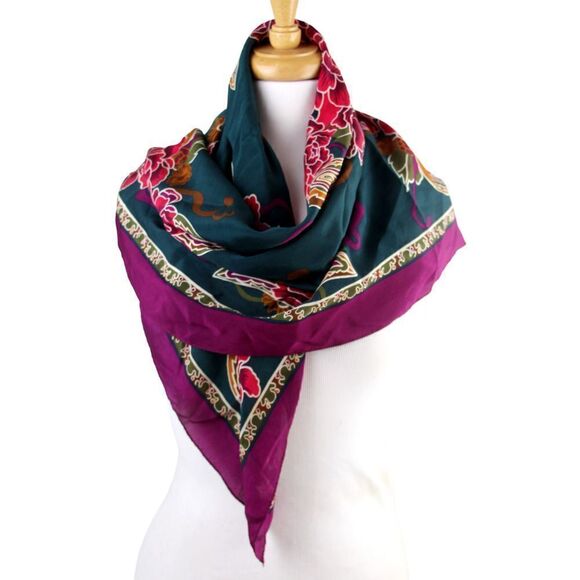 33.5"x33.5" Allen Solly MULTICOLOR FLORAL SILK HANDROLLED SCARF SHAWL WRAP (G89 - Picture 3 of 9
